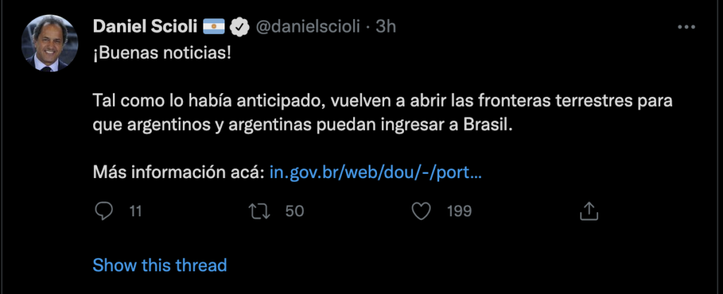 Daniel Scioli anunció la apertura de fronteras desde su cuenta de Twitter @danielscioli como suele comunicar las noticias de su embajada.